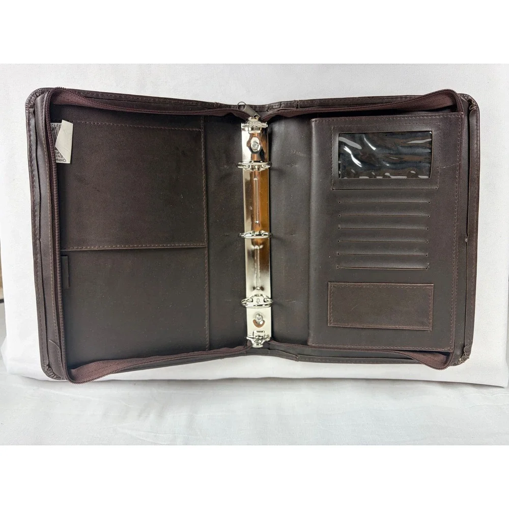 Dark Brown Leather Zipper Portfolio 3Ring Half Letter Binder Padfolio Organizer
